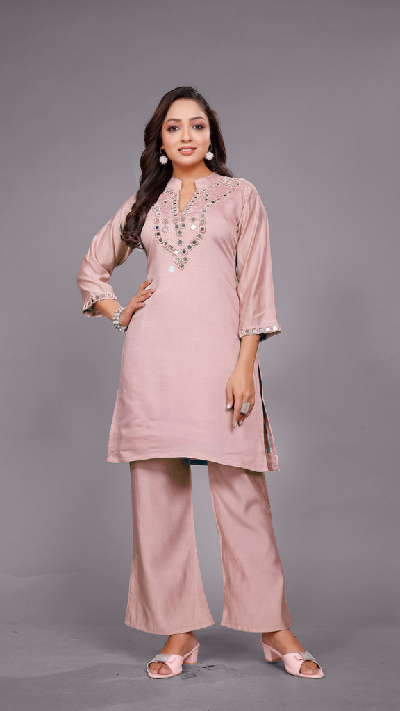 Powder Pink Mirror Work Kurta  Palazzo Set