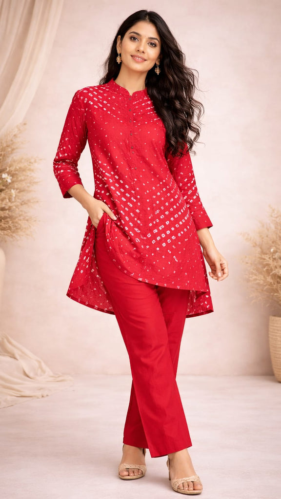 Red Bandhej Printed Kurta with Pajama Set