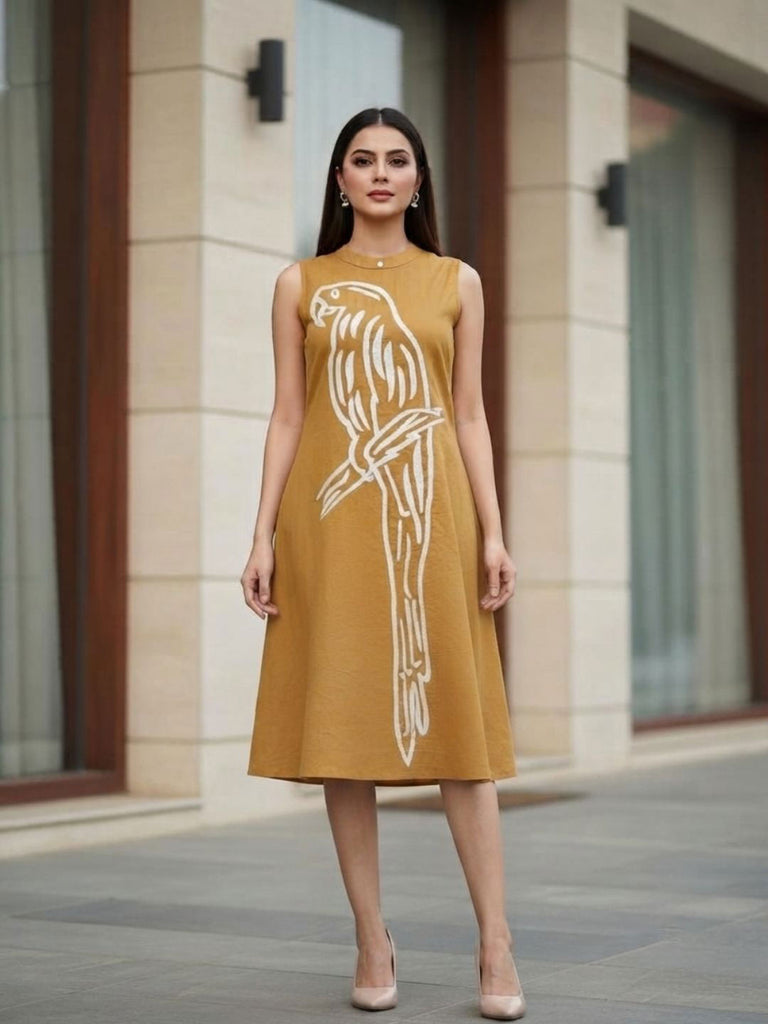 Women Mustard Yellow Cotton Sleeveless A-Line  Dress with Macaw Parrot Applique