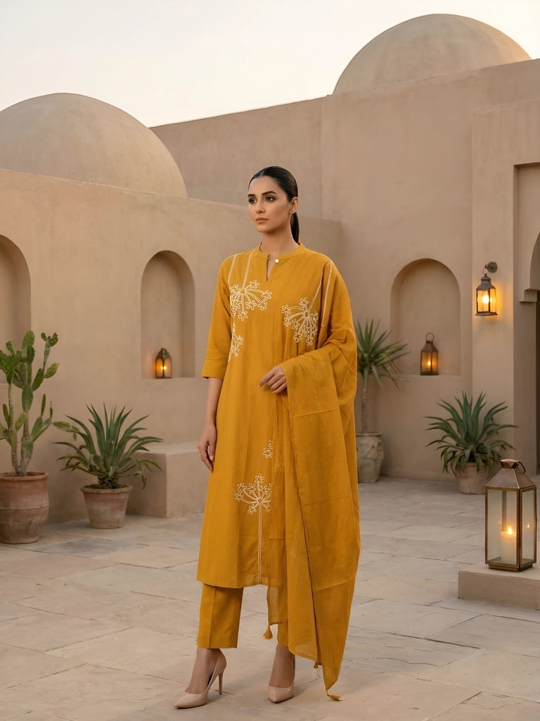 Women Mustard Yellow Cotton A-Line Kurta with Dupatta Set