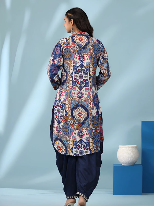 Blue geometric V-neck tunic and navy dhoti pants set, long sleeves, back view