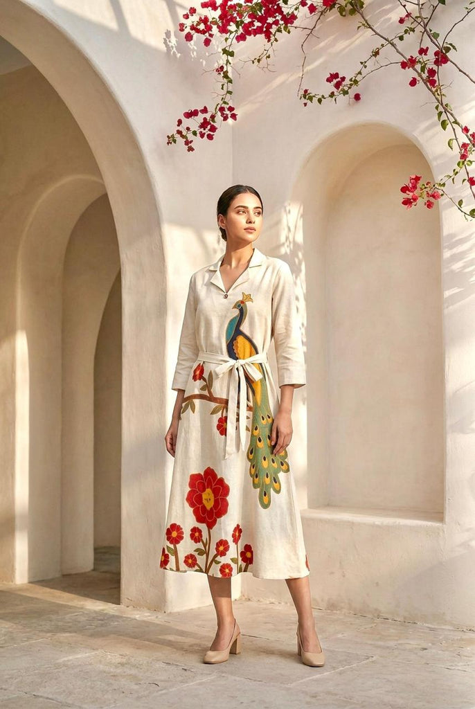 Women Off-White Floral & Peacock Printed Cotton A-Line Shirt Dress with Belt