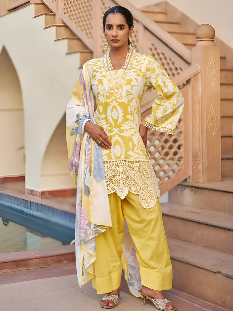 Women Yellow Cutwork Lace Hem Cotton Printed Co-ord Set