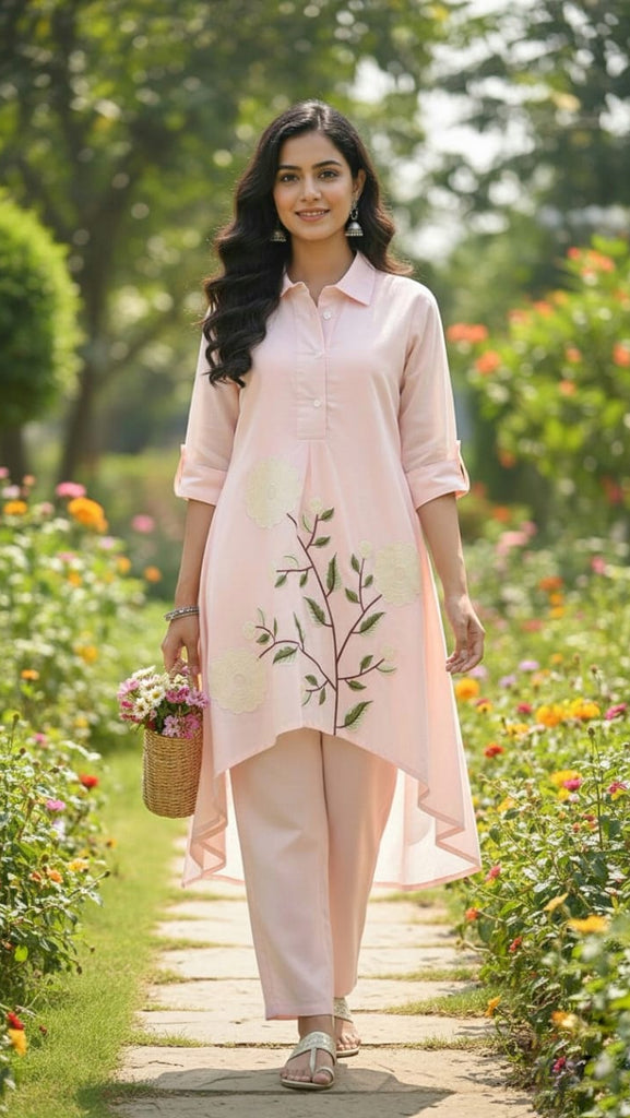 Blush Pink Floral Asymmetric Kurta Co‑Ord Set for Women