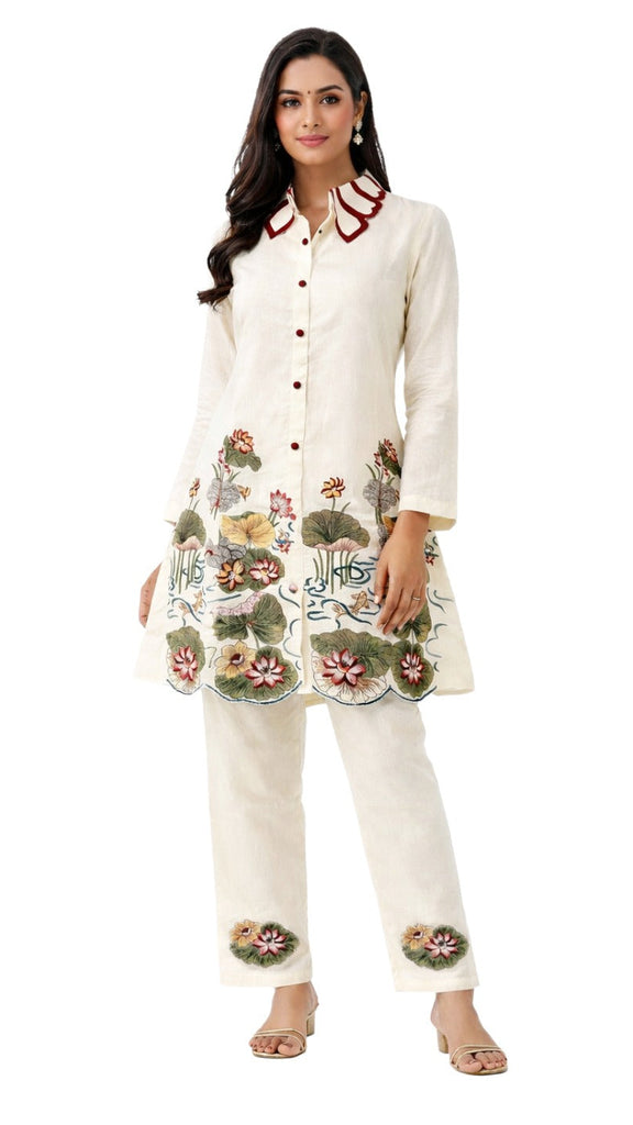 Ivory Bloom Embroidered Tunic & Trouser Set
