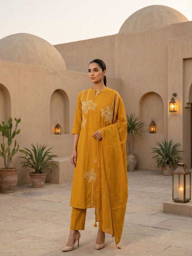 Women Mustard Yellow Cotton A-Line Kurta with Dupatta Set