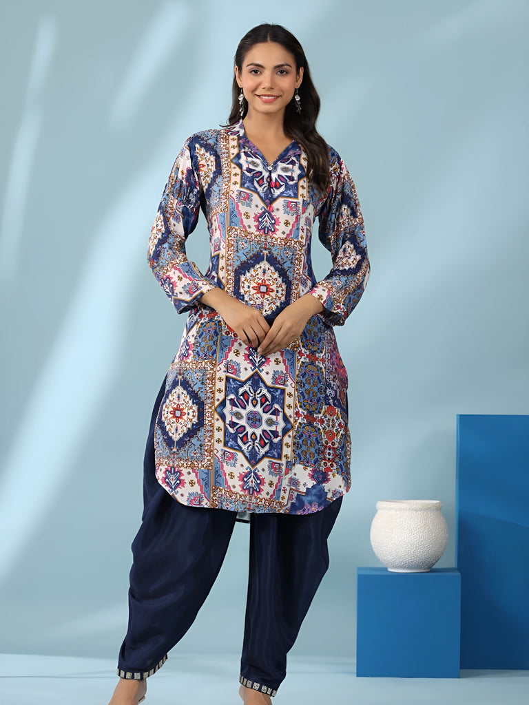 Women Blue Geometric Printed V-Neck Tunic with Dhoti Pants Co-ord Set
