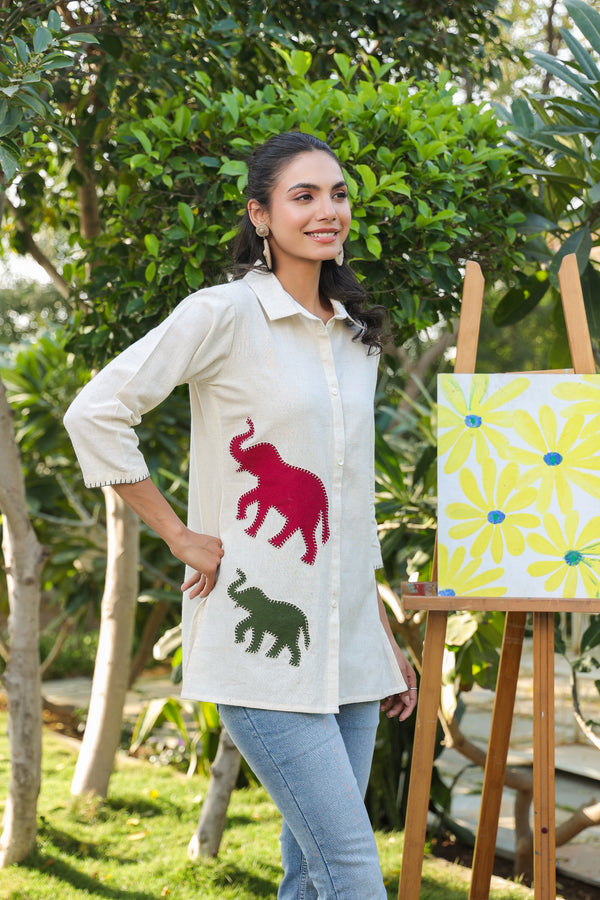 Women Off-White Cotton Linen Shirt with Colorful Elephant Applique Work