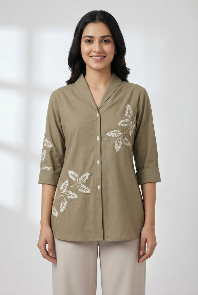 Women Coffee Brown Cotton Slub Collared Shirt with Leaf Embroidery
