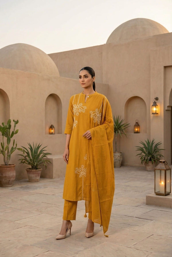Women Mustard Yellow Cotton A-Line Kurta with Dupatta Set