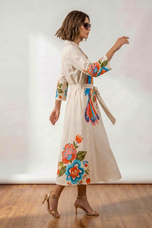 Women Ivory Cotton Linen Collared Tunic Dress with Vibrant Peacock Print