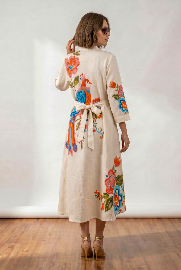 Women's ivory tunic dress with peacock floral print, tie belt and 3/4 sleeves, back view