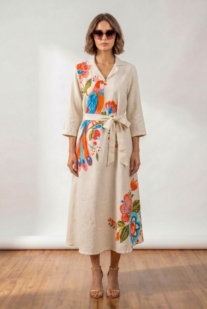 Women Ivory Cotton Linen Collared Tunic Dress with Vibrant Peacock Print