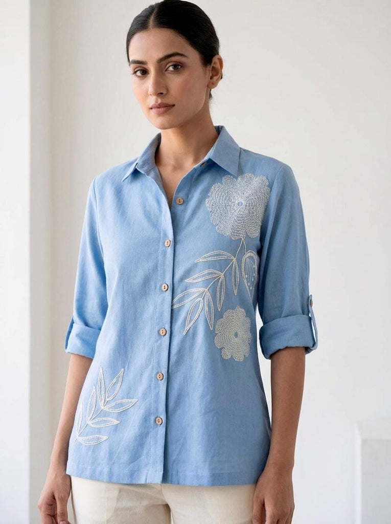 Women Powder Blue Cotton Button-Down Shirt with Floral Embroidery