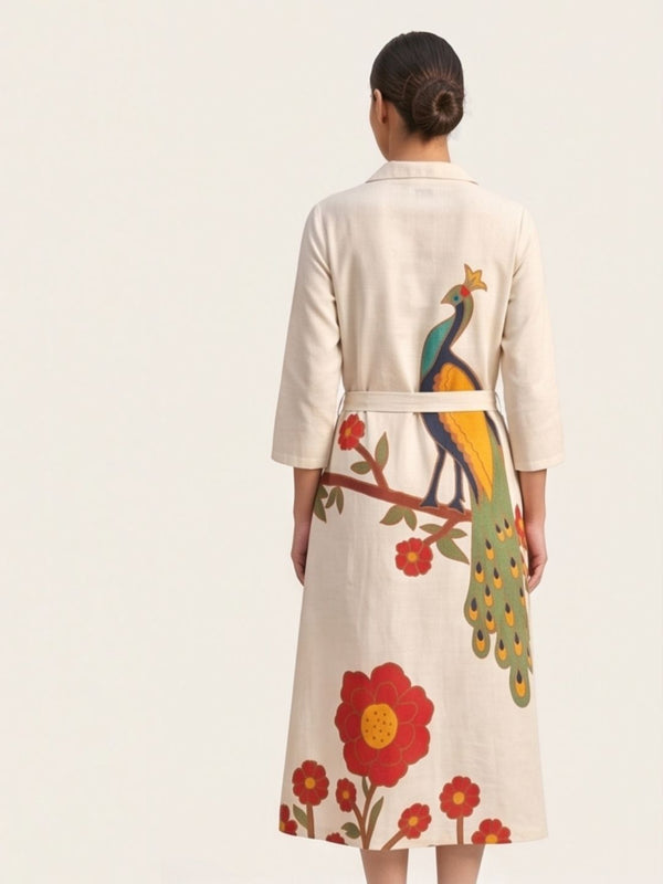 Off-white A-line shirt dress with peacock and floral print, belted at back
