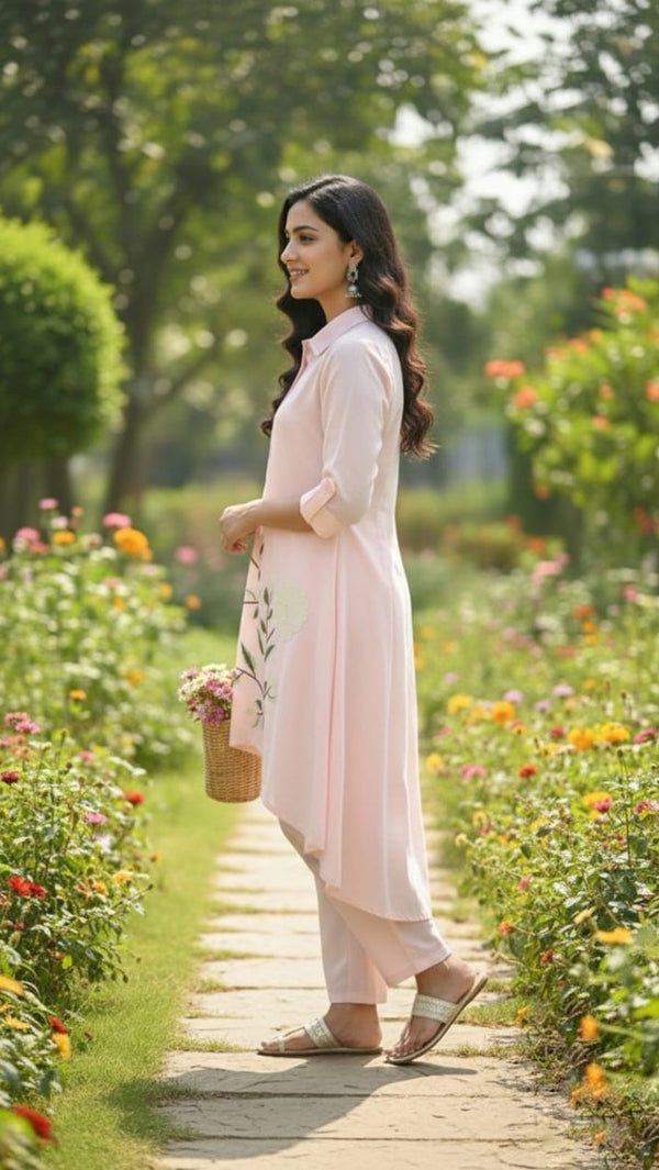 Blush Pink Floral Asymmetric Kurta Co‑Ord Set for Women