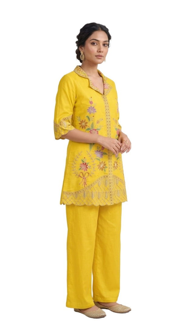 mustard Yellow Embroidered Tunic and Trouser set
