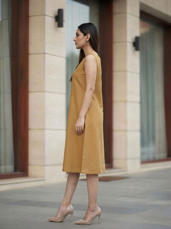 Women Mustard Yellow Cotton Sleeveless A-Line  Dress with Macaw Parrot Applique