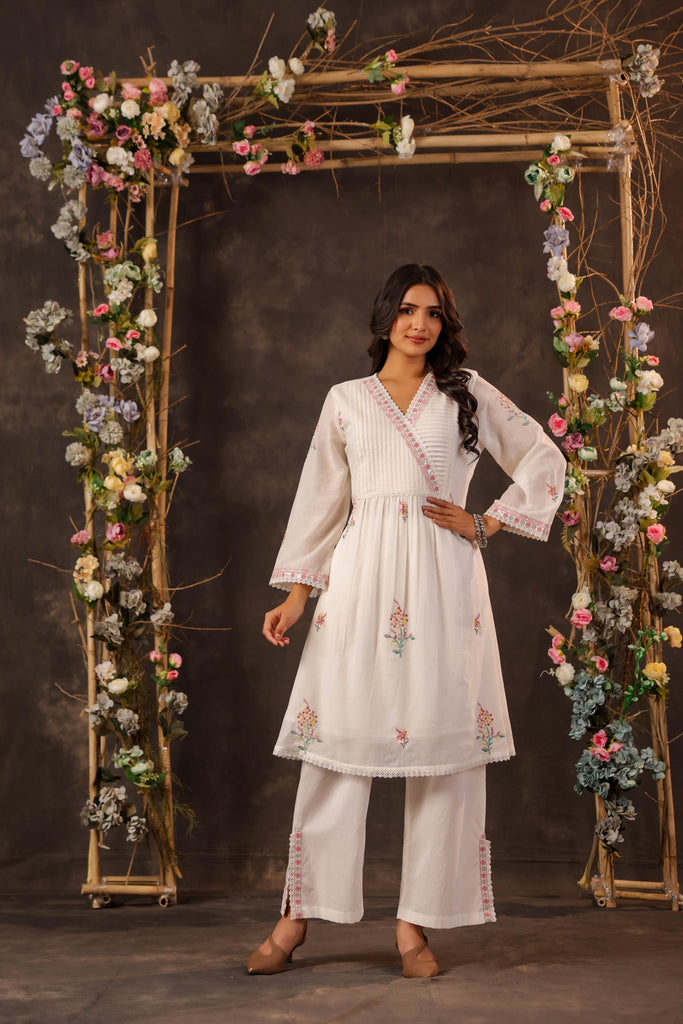 Women Off-White Embroidered Cotton Angrakha Kurta with Trousers