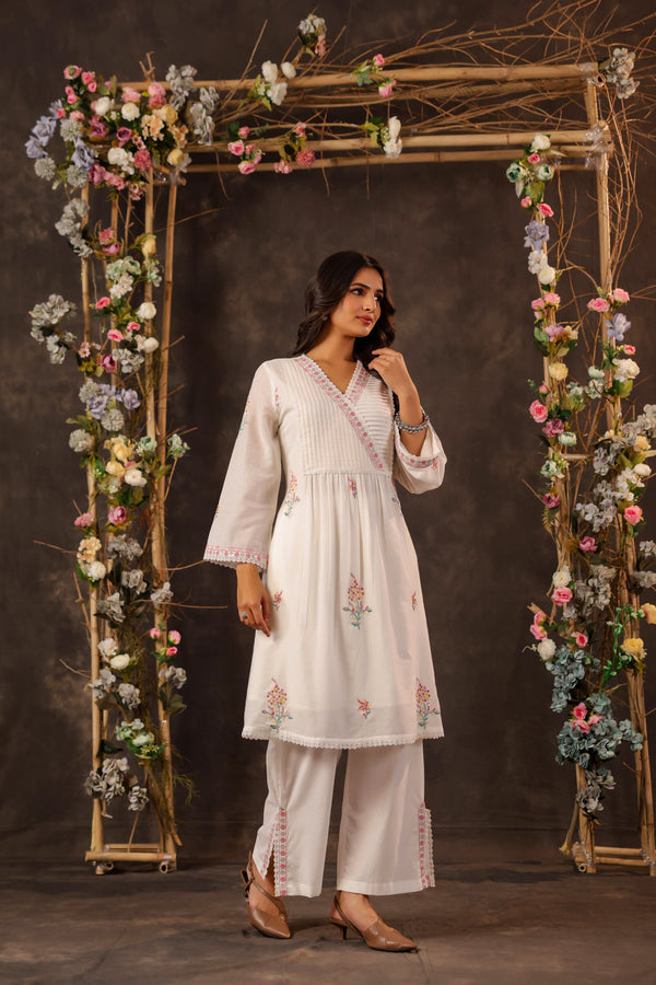 Women Off-White Embroidered Cotton Angrakha Kurta with Trousers