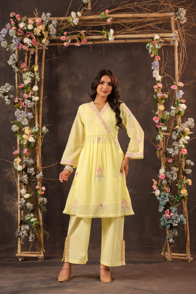 Women Lemon Yellow Embroidered Cotton Angrakha Kurta with Trousers