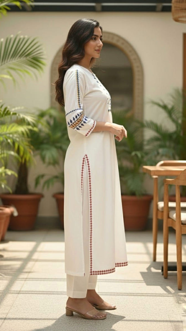 White Cotton Embroidered  Straight Kurta Set for Women