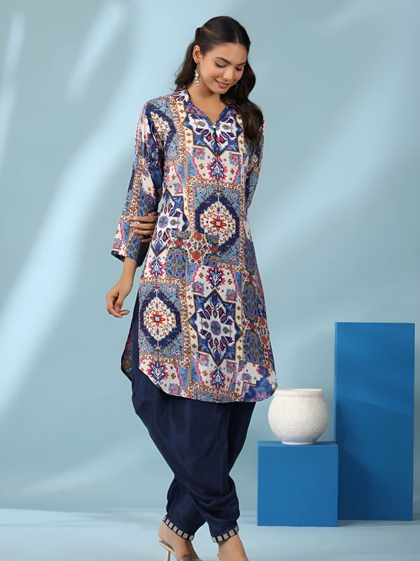 Women Blue Geometric Printed V-Neck Tunic with Dhoti Pants Co-ord Set