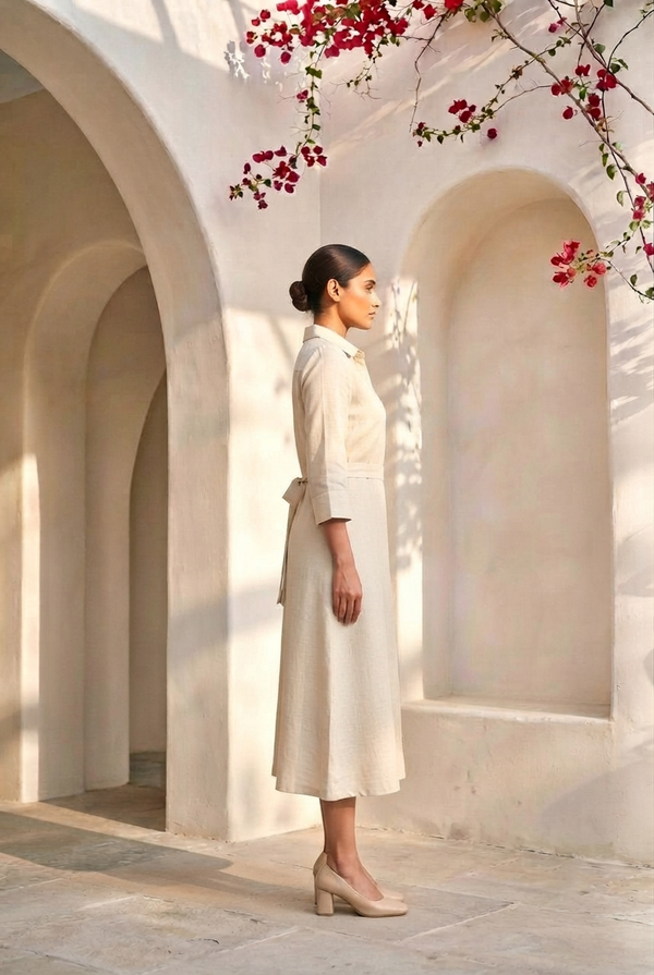 Women Off-White Floral & Peacock Printed Cotton A-Line Shirt Dress with Belt