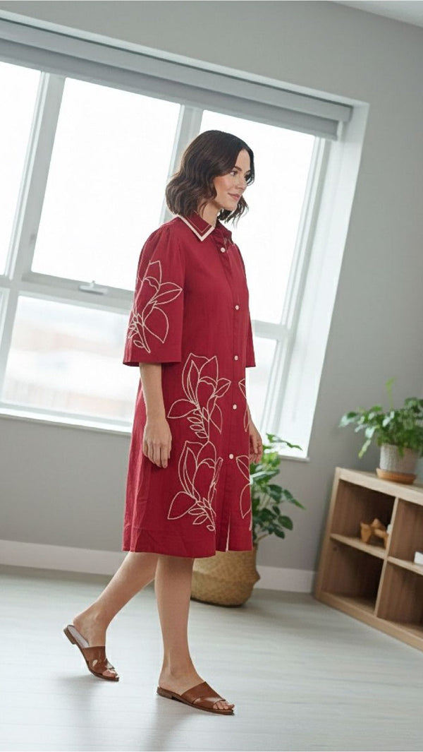 NYU Red Cotton Embroidered Midi Dress 
- Collared Floral Sleeve Women’s Wear