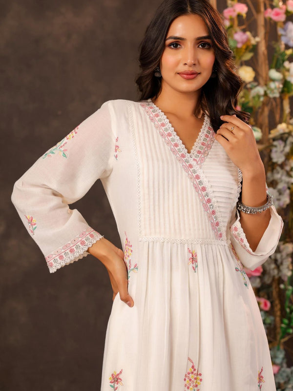 Women Off-White Embroidered Cotton Angrakha Dress