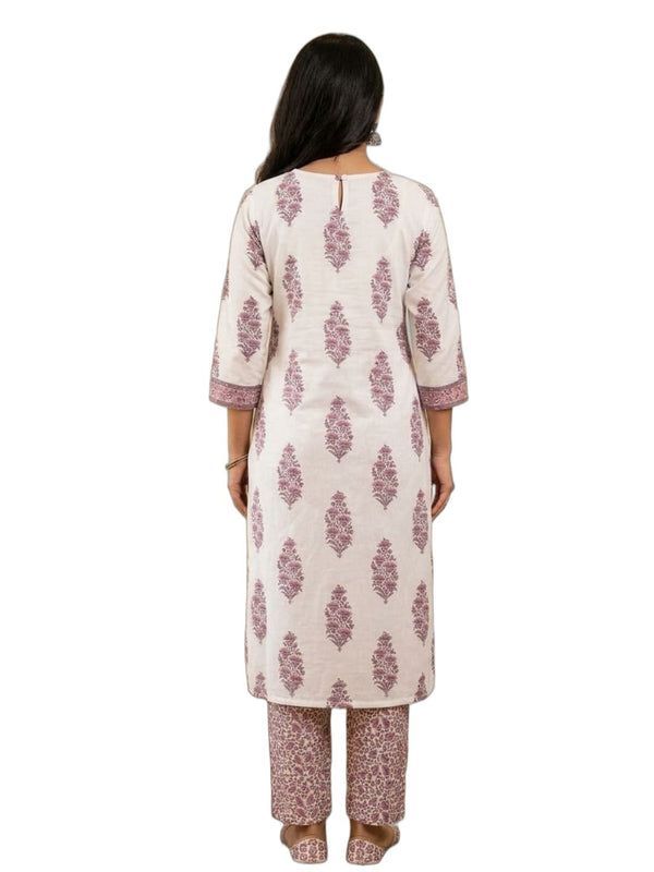 White & Mauve Ethnic Motifs Printed Pure Kurta Set