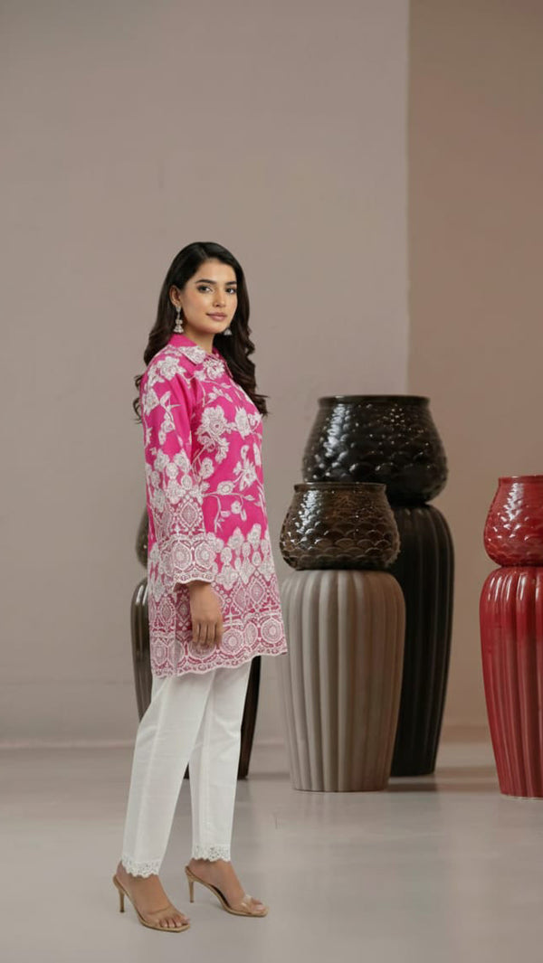 Women Pink Schiffli Floral
Embroidered Straight Kurta
with bottoms