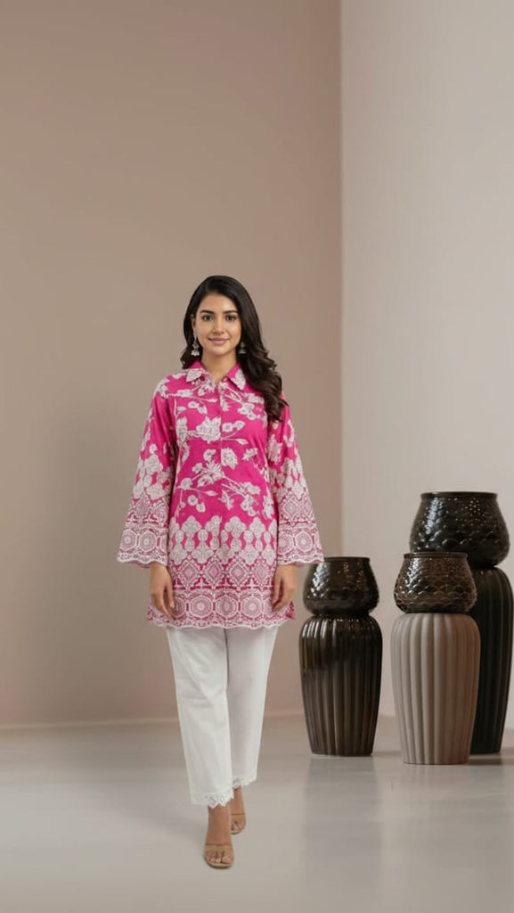 Women Pink Schiffli Floral
Embroidered Straight Kurta
with bottoms