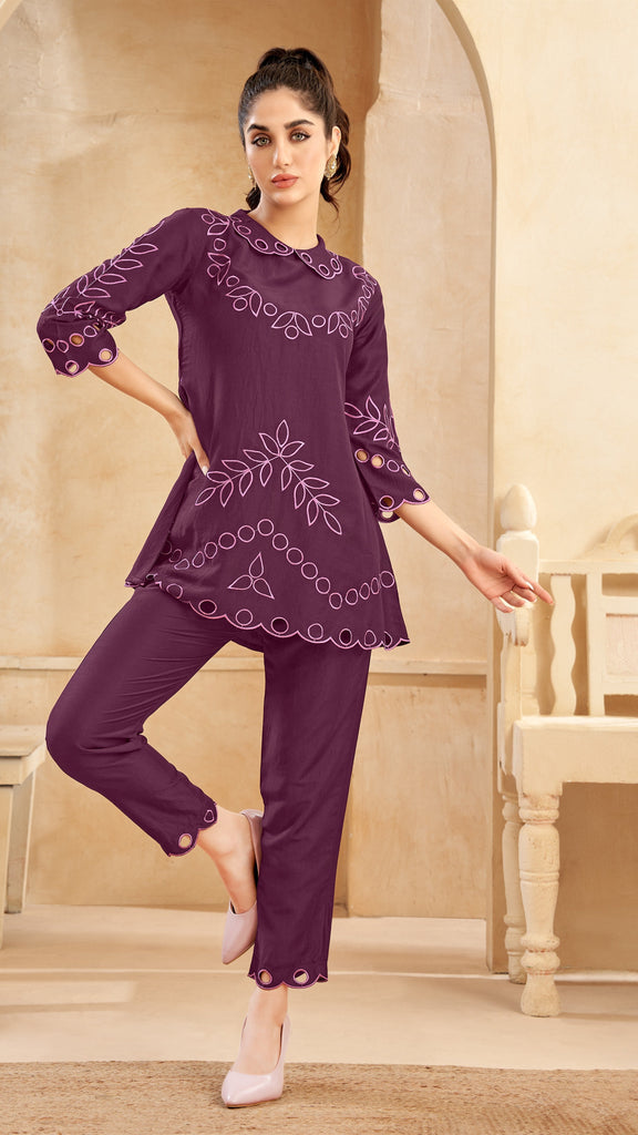 Purple Schiffli Collared Co Ord Set