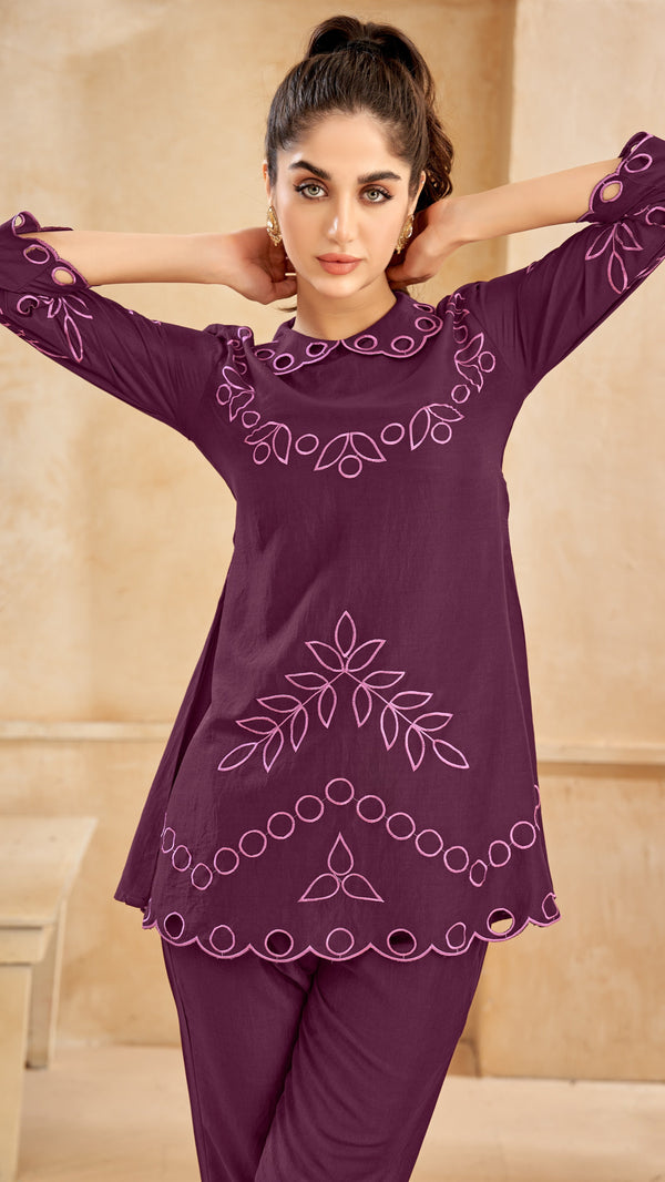 Purple Schiffli Collared Co Ord Set