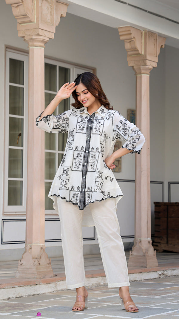 Women’s Off-White Cotton Coored Set with Black Floral Embroidery