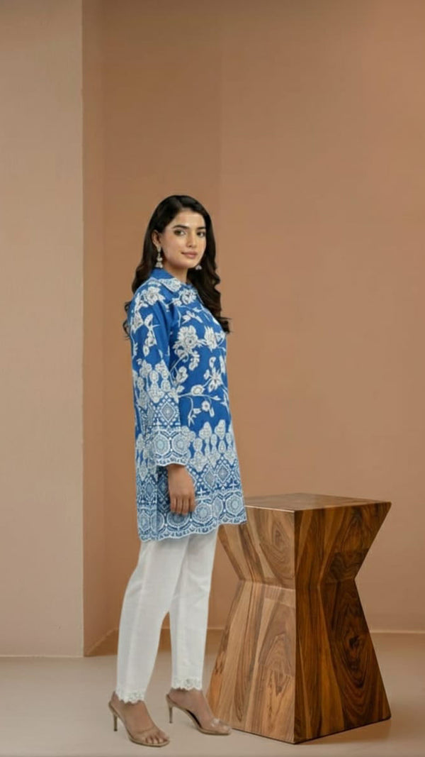 Women navy blue Schiffli Floral
Embroidered Straight Kurta
with bottoms