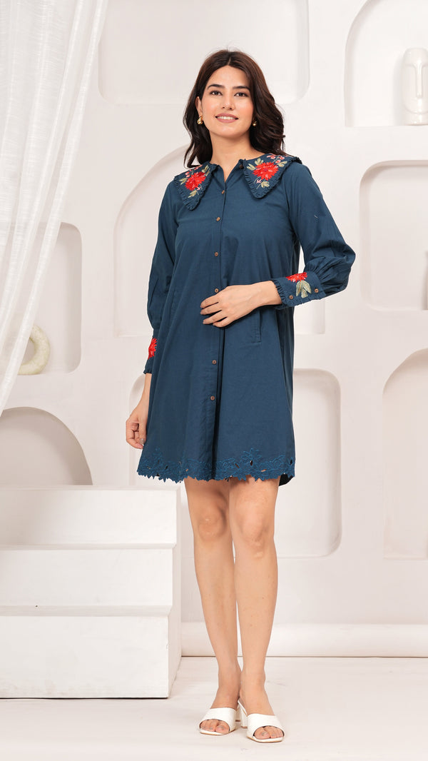 Navy Collared Schiffli Dress