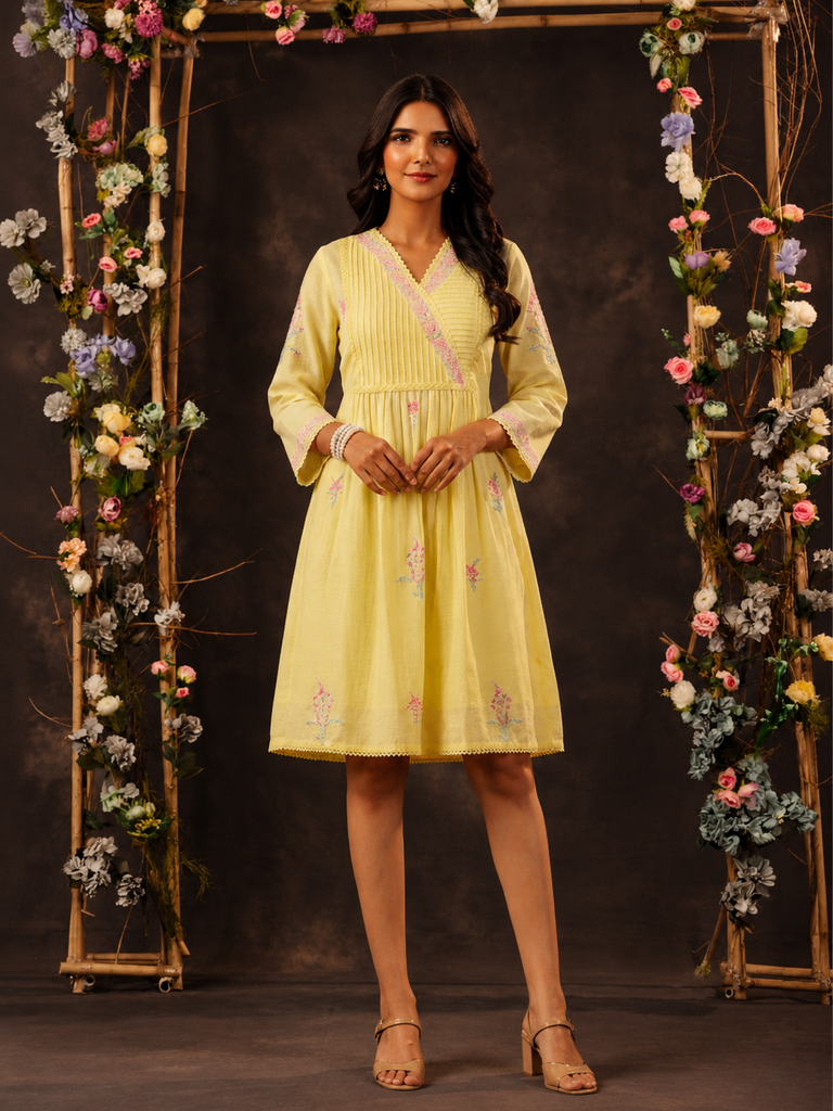 Women Lemon Yellow Embroidered Cotton Angrakha dress