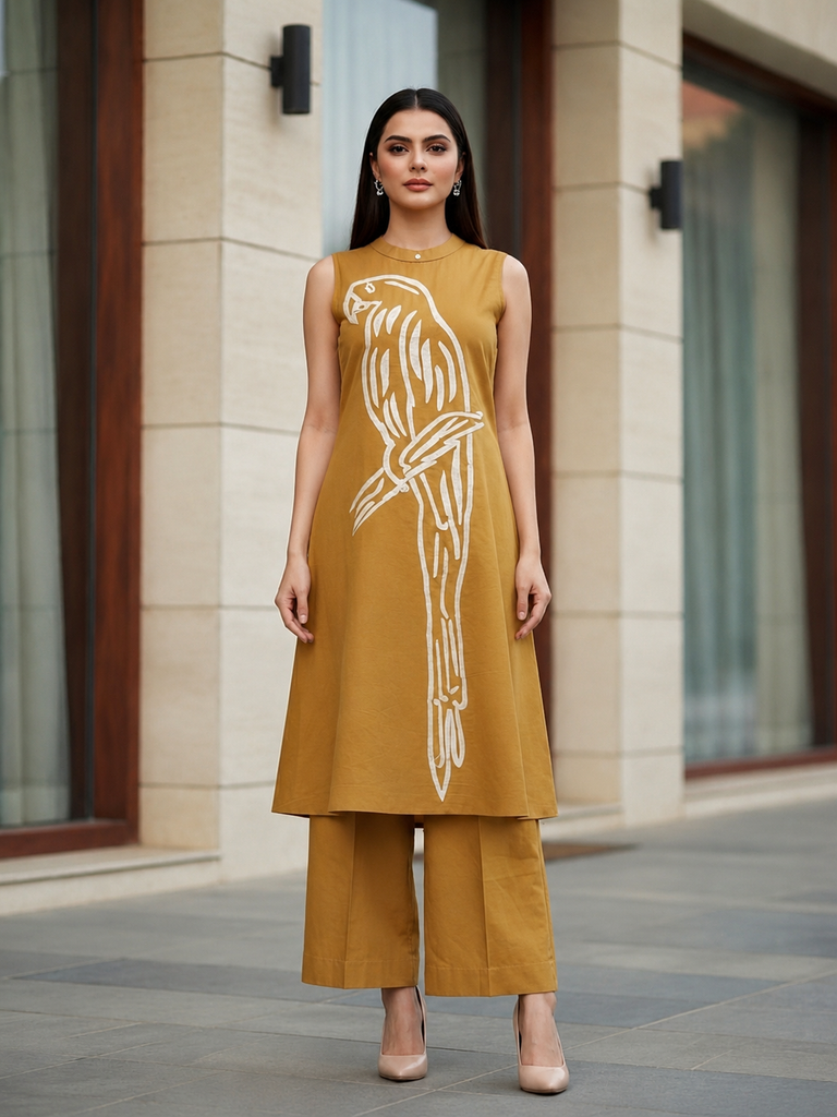 Women Mustard Yellow Cotton Sleeveless A-Line coord with Macaw Parrot Applique