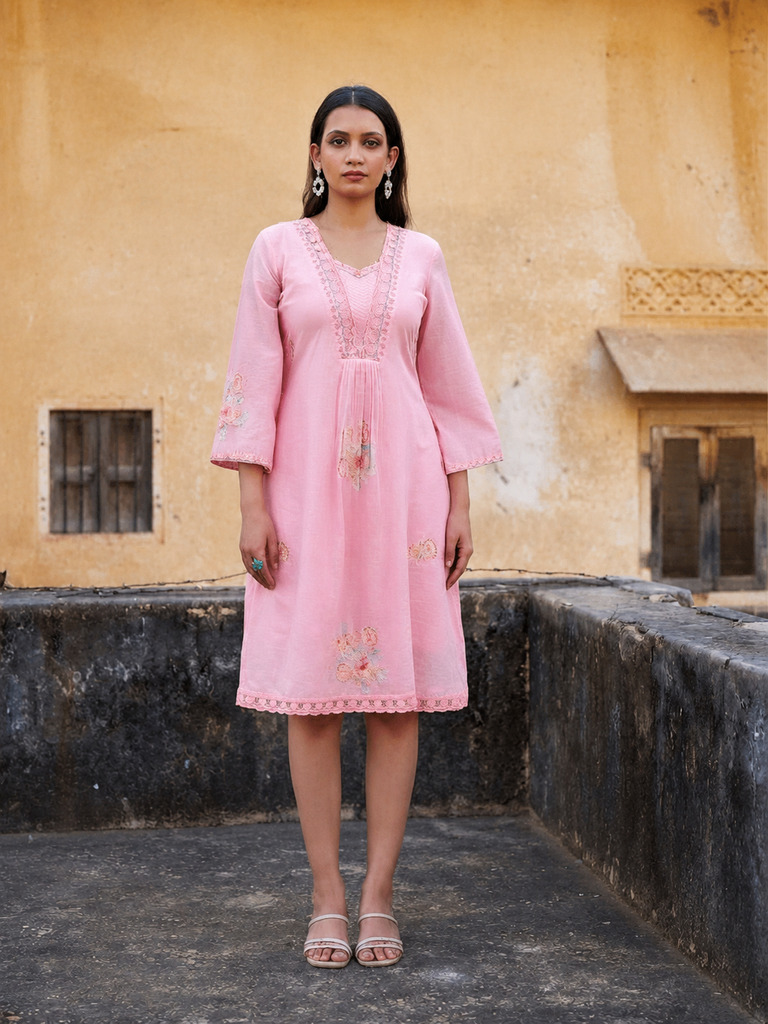 Women Baby Pink Embroidered Pure Cotton V-Neck dress