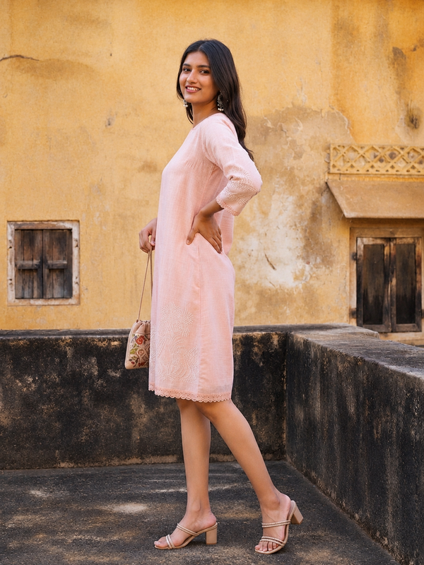 Women Baby Pink Embroidered Pure Cotton V-Neck dress