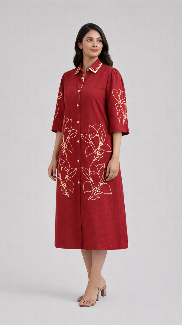 NYU Red Cotton Embroidered Midi Dress 
- Collared Floral Sleeve Women’s Wear