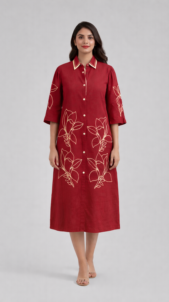 NYU Red Cotton Embroidered Midi Dress 
- Collared Floral Sleeve Women’s Wear