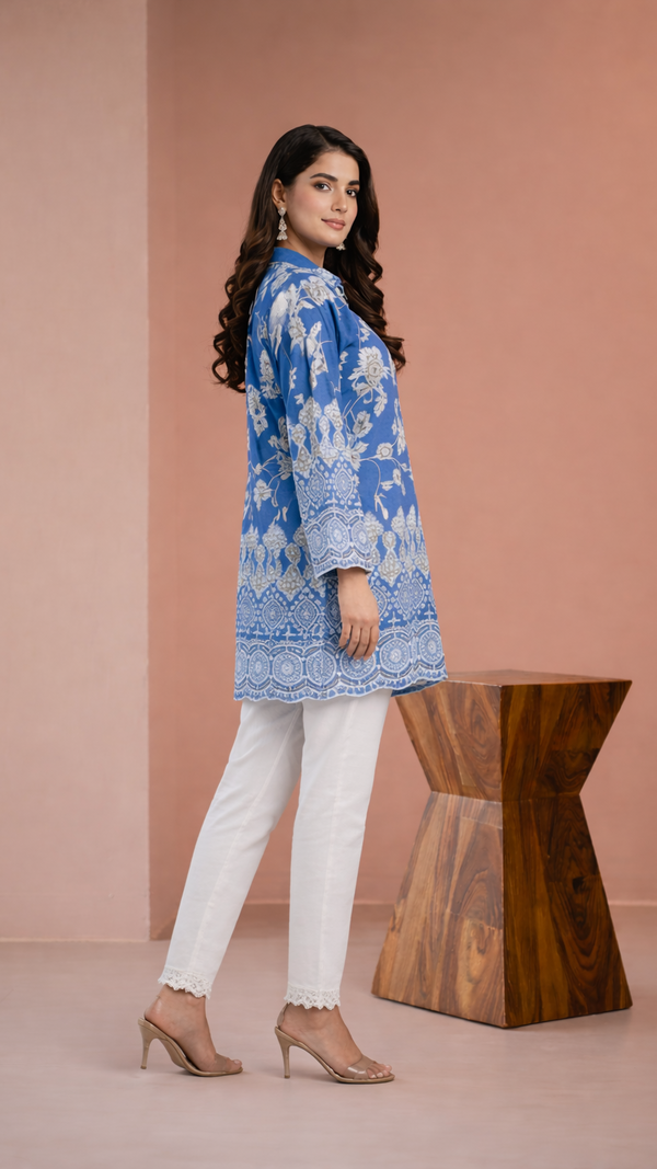 Women navy blue Schiffli Floral
Embroidered Straight Kurta
with bottoms