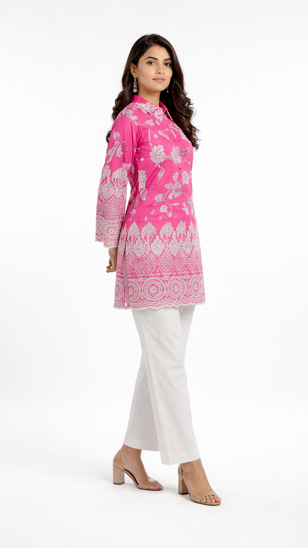 Women Pink Schiffli Floral
Embroidered Straight Kurta
with bottoms