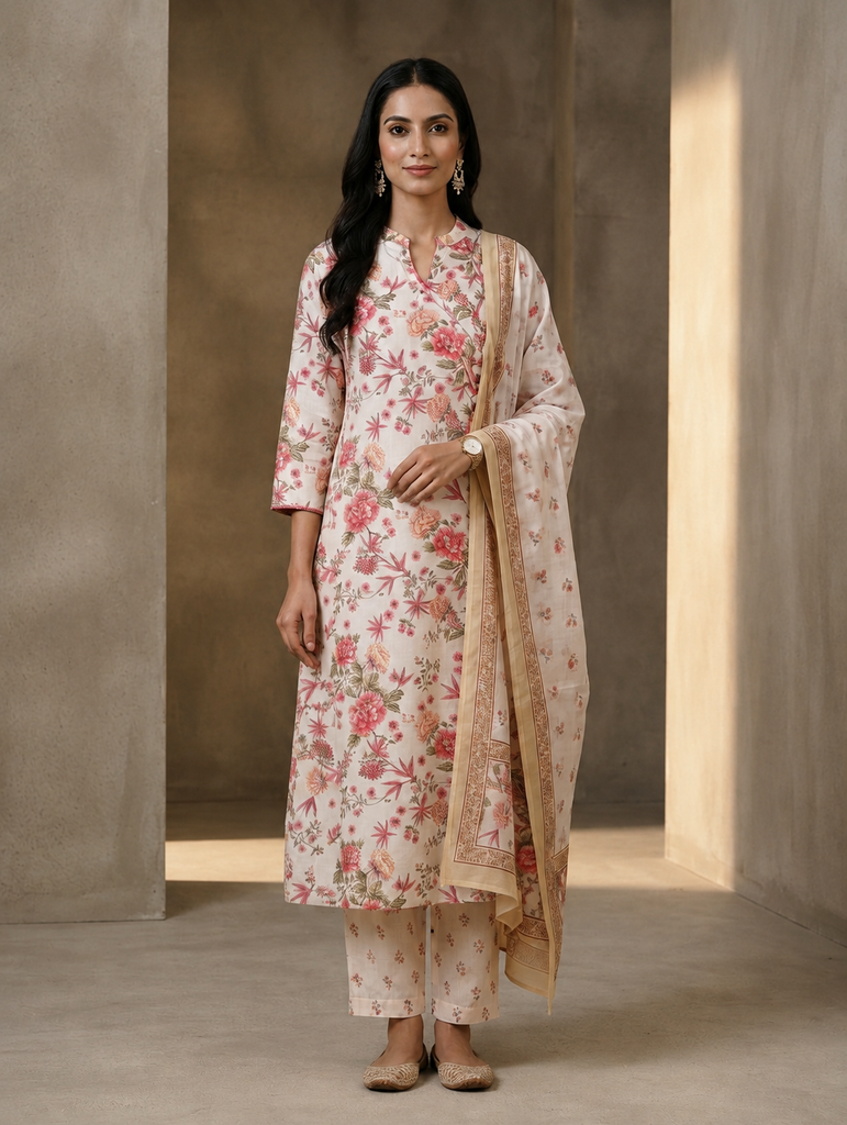 Women Off-White Floral Printed Straight Kurta Set
