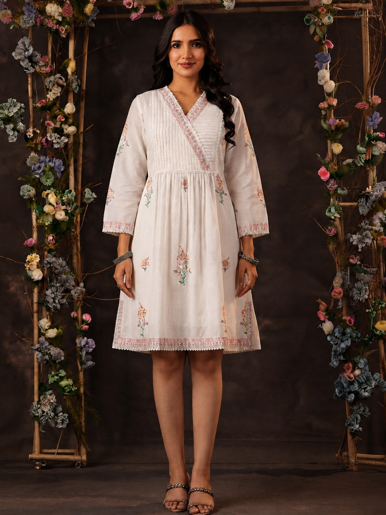 Women Off-White Embroidered Cotton Angrakha Dress