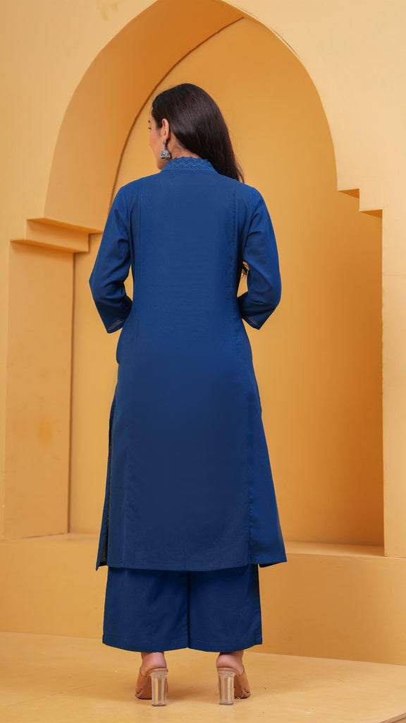 Women Navy Blue Cotton Kurta Set With White Floral Embroidery And Palazzo Pants