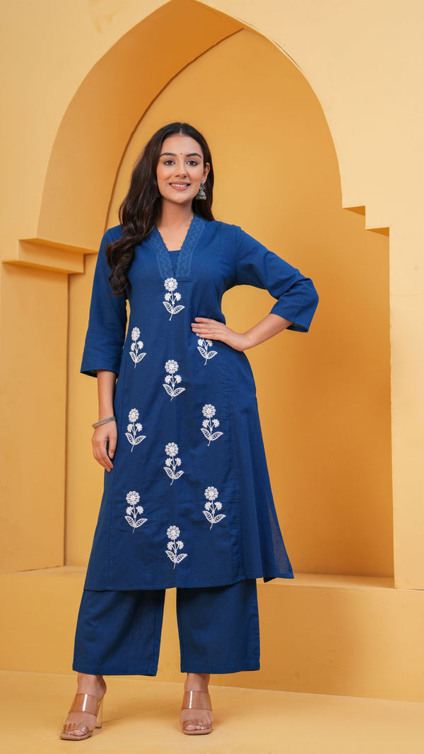Women Navy Blue Cotton Kurta Set With White Floral Embroidery And Palazzo Pants